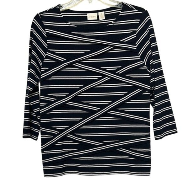 Chico's Navy Blue & White Striped 3/4 Sleeve Top, Women’s 8 - Picture 1 of 7